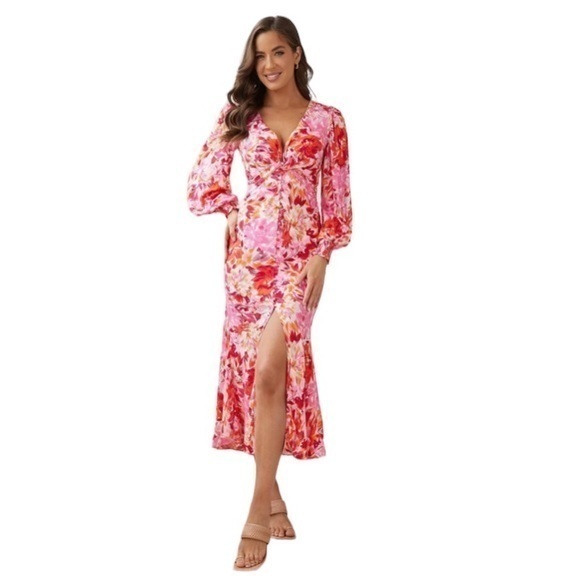 esther&co Dresses & Skirts - Esther & Co Mallarey Floral Midi Dress Size 6 NWT Pink Red Wedding Guest